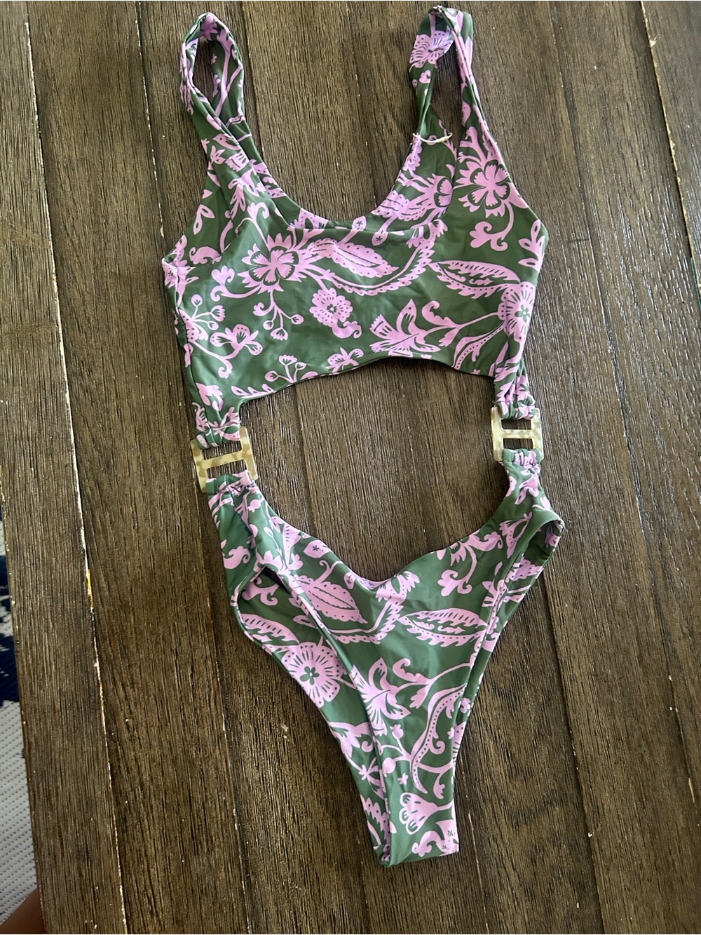 Olive Green & Pink Floral Cutout One-Piece Swimsuit with Gold Accents